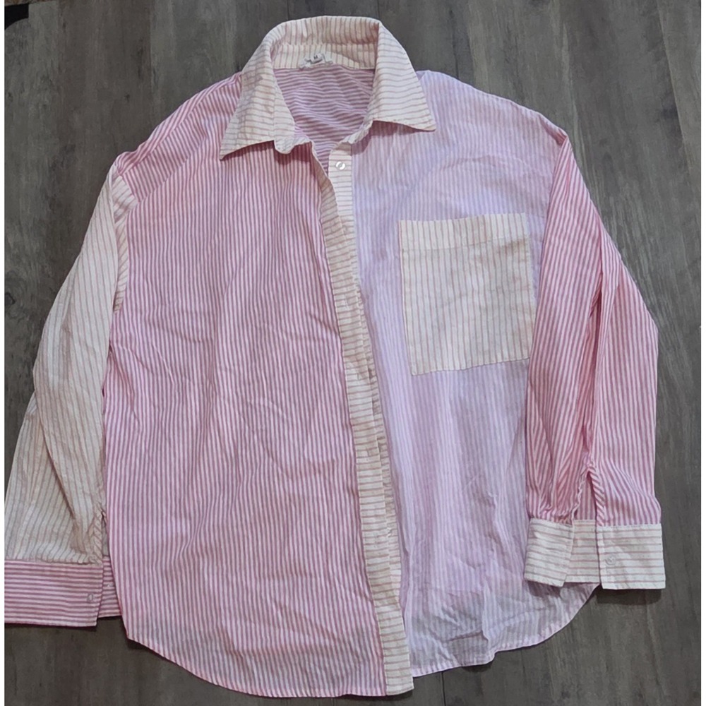 GeeGee Pink Stripe Colorblock Button Up Boho Oversized Long Sleeve Women M